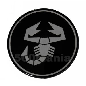 Vetrino coprimozzo Abarth 44 mm in plexiglass nero con scorpione cromato, compatibile Fiat 500 e Fiat 126